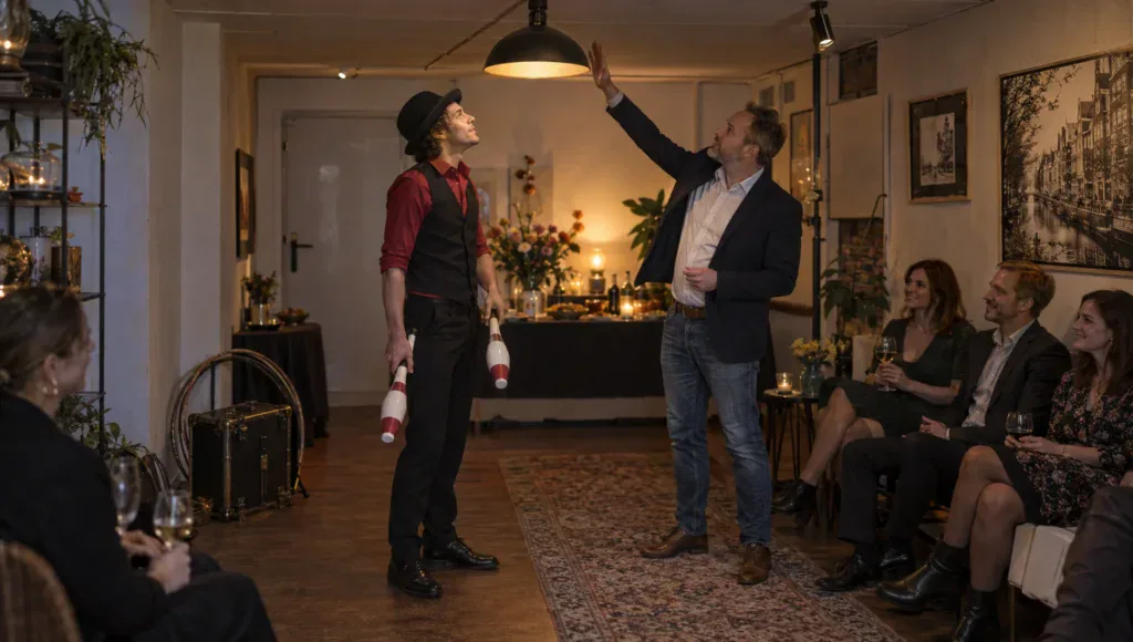 Een gastheer bespreekt met een jongleur de plafondhoogte en speelruimte voor een voorstelling in een kleine feestzaal.