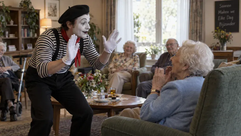 Een mimespeler maakt contact met een oudere gast in een lounge waar andere bezoekers een matineeact volgen.