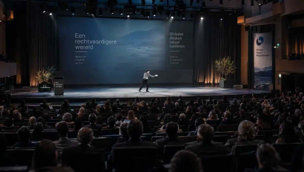 Een mimespeler treedt op voor internationale gasten in een conferentiezaal met een open podium.