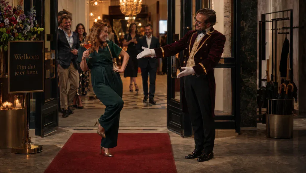 Een typetje als formele ontvangstmedewerker maakt bij een bedrijfsfeest een luchtig grapje met een vrijwillige gast.